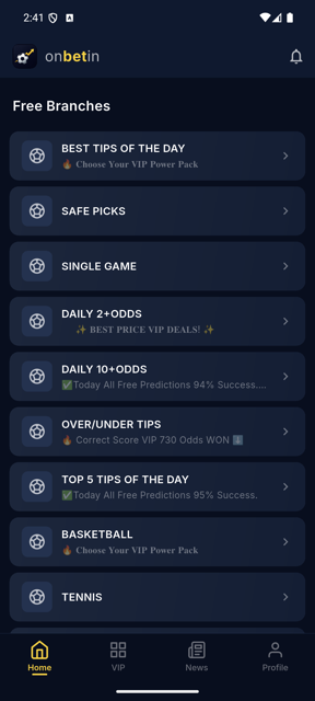 Free prediction categories in OnBetIn